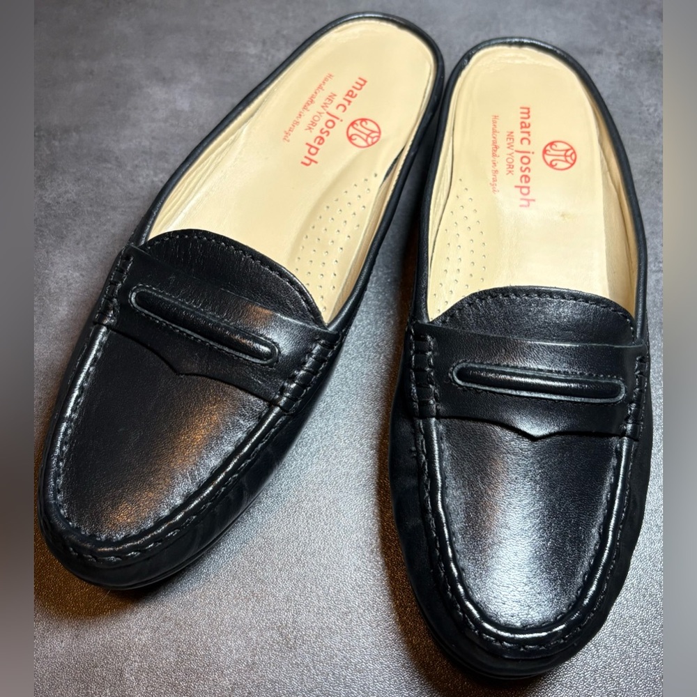 Marc Joseph Black Leather Penny Mules with Cream Insole